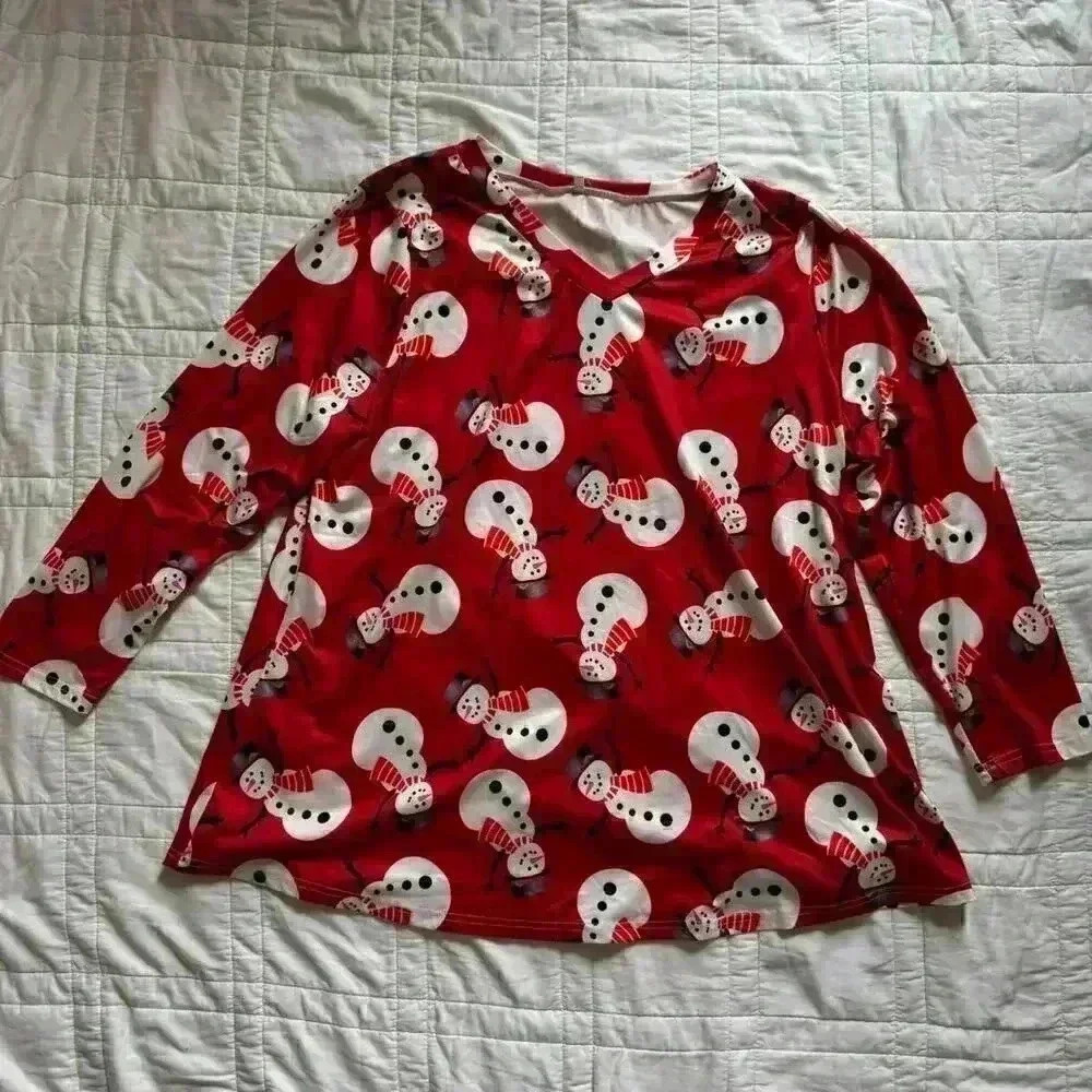 Long sleeve snowman‎ shirt red v-neck women’s XXL Christmas holiday winter